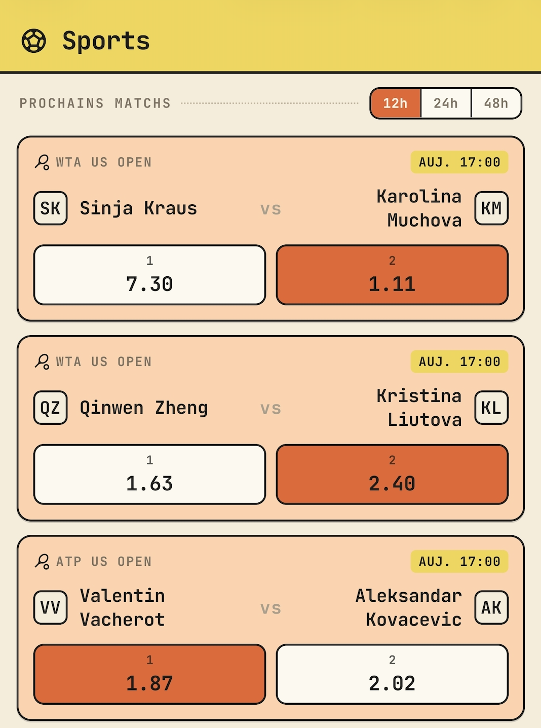 Écran Sports, liste de matchs avec cotes